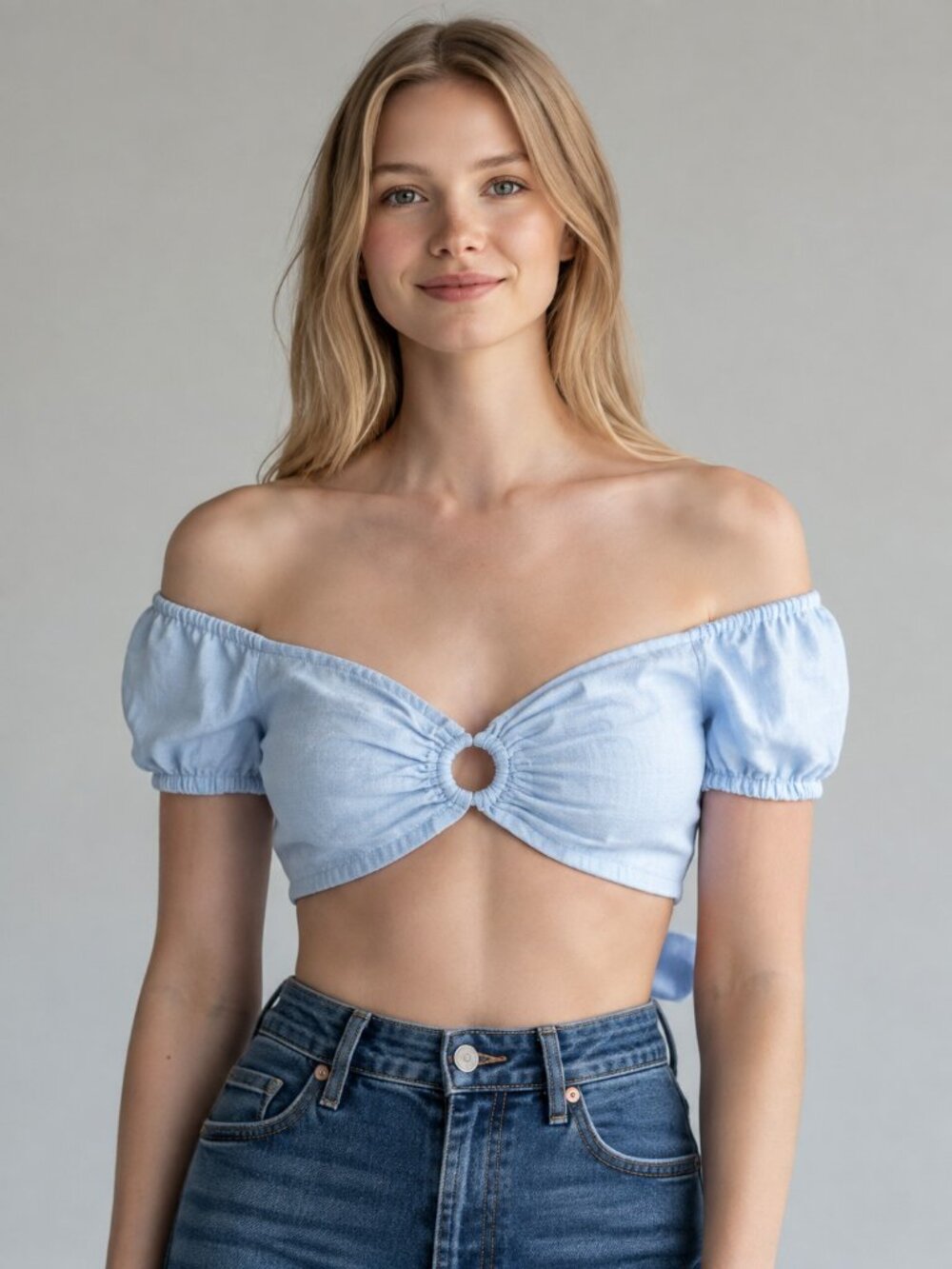Monday Acapulco Blue Linen Crop Top L Puff Sleeve Open Back Bow Coastal Resort
